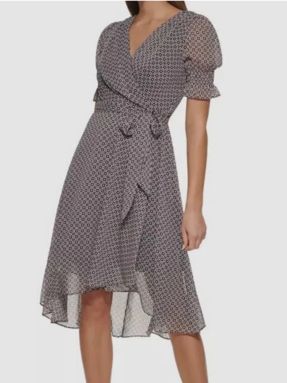Tommy Hilfiger Women's Black White Geo Printed Wrap V Neck Midi Dress Size 16W